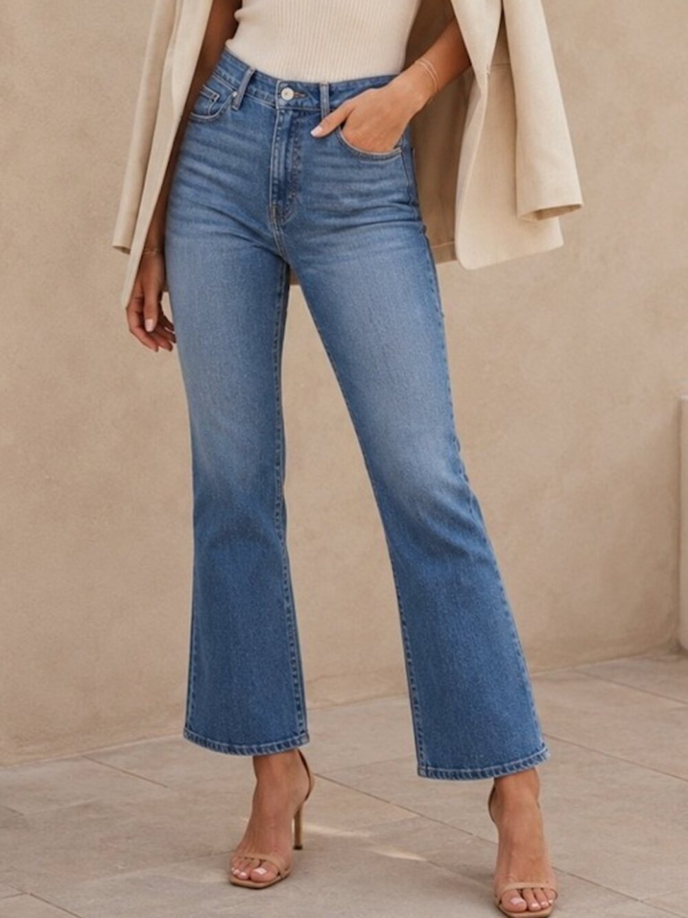 FRAME Le Crop Mini Boot Cut Flared High Rise Light Blue Ankle Stretch Jeans, 31
